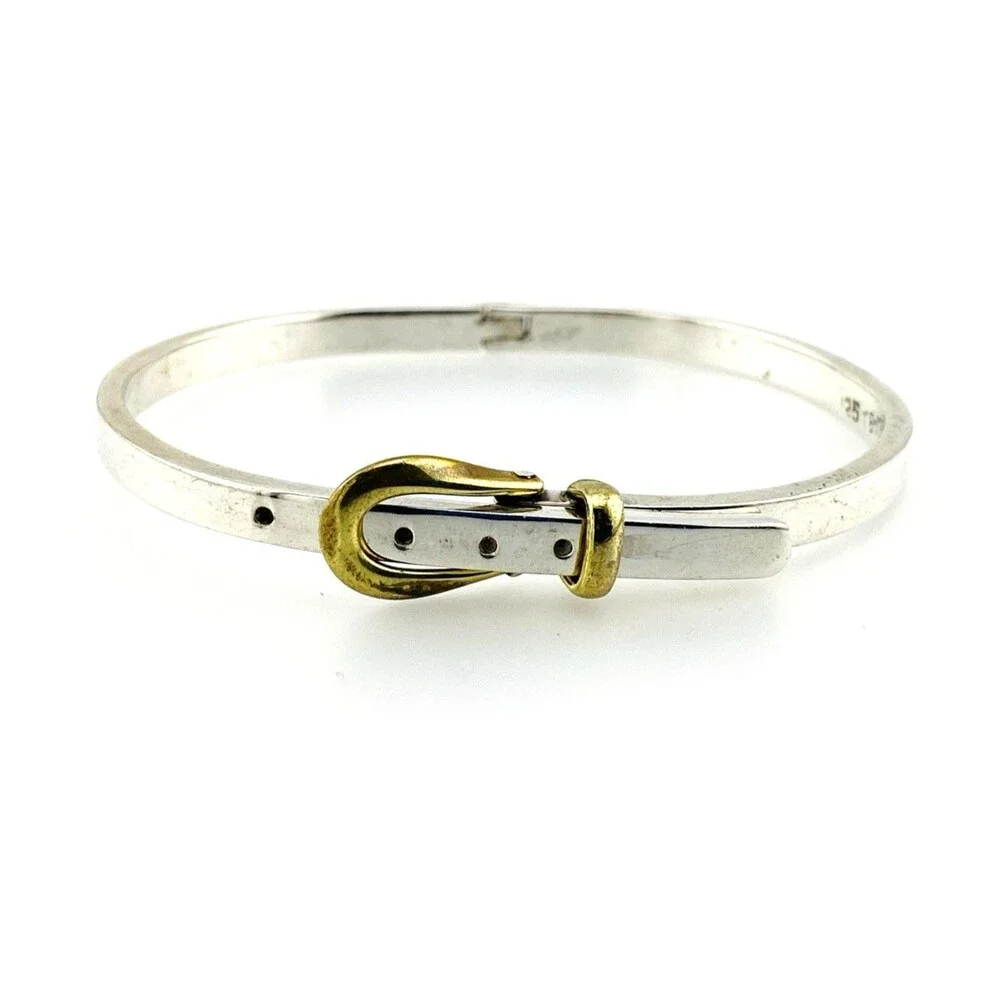 Vintage Mexican Sterling Silver Brass Buckle Bangle Bracelet Two Tone Mixed Meta